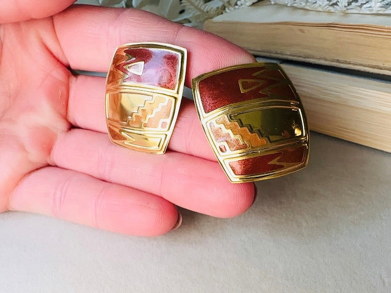 Vintage Berebi Earrings, Square Gold and Copper Enamel Earrings with Southwestern Accents, 80s Geometric Earrings