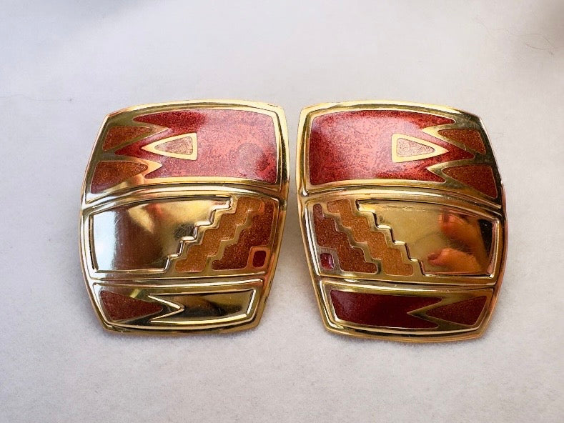 Vintage Berebi Earrings, Square Gold and Copper Enamel Earrings with Southwestern Accents, 80s Geometric Earrings