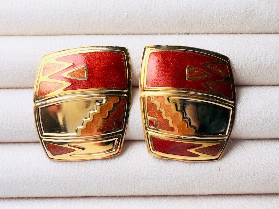 Vintage Berebi Earrings, Square Gold and Copper Enamel Earrings with Southwestern Accents, 80s Geometric Earrings