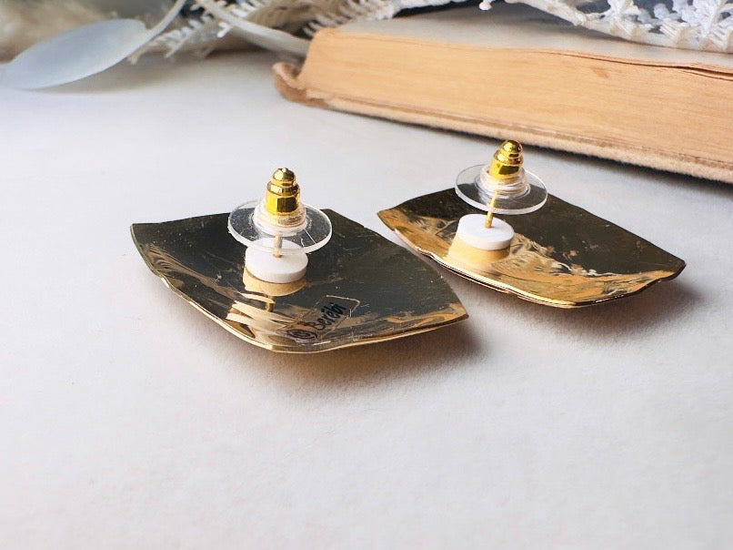 Vintage Berebi Earrings, Square Gold and Copper Enamel Earrings with Southwestern Accents, 80s Geometric Earrings
