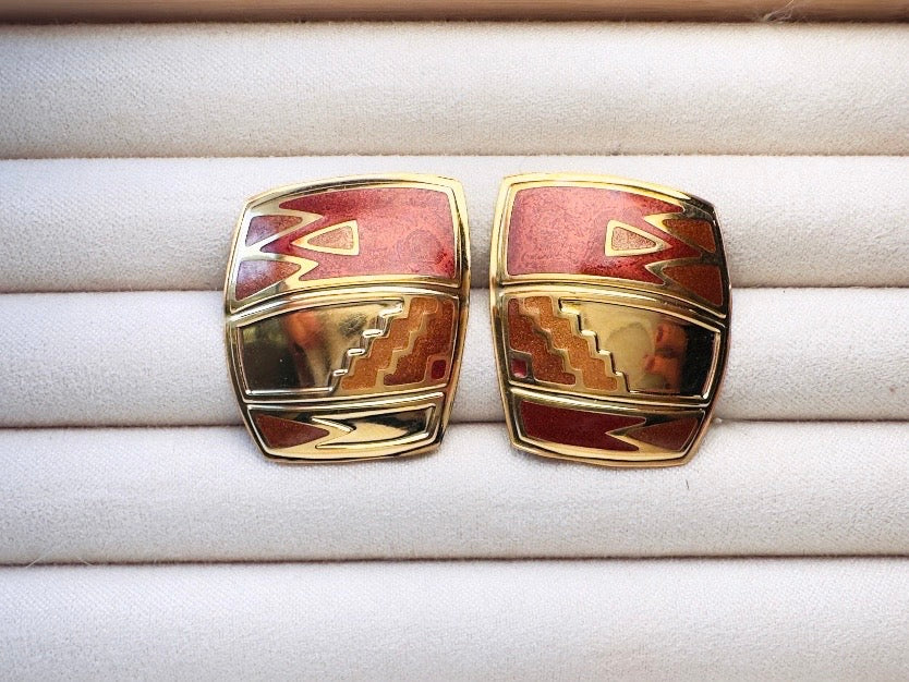 Vintage Berebi Earrings, Square Gold and Copper Enamel Earrings with Southwestern Accents, 80s Geometric Earrings