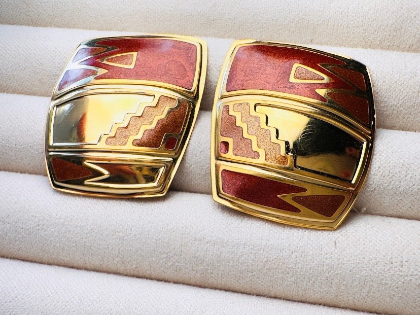Vintage Berebi Earrings, Square Gold and Copper Enamel Earrings with Southwestern Accents, 80s Geometric Earrings