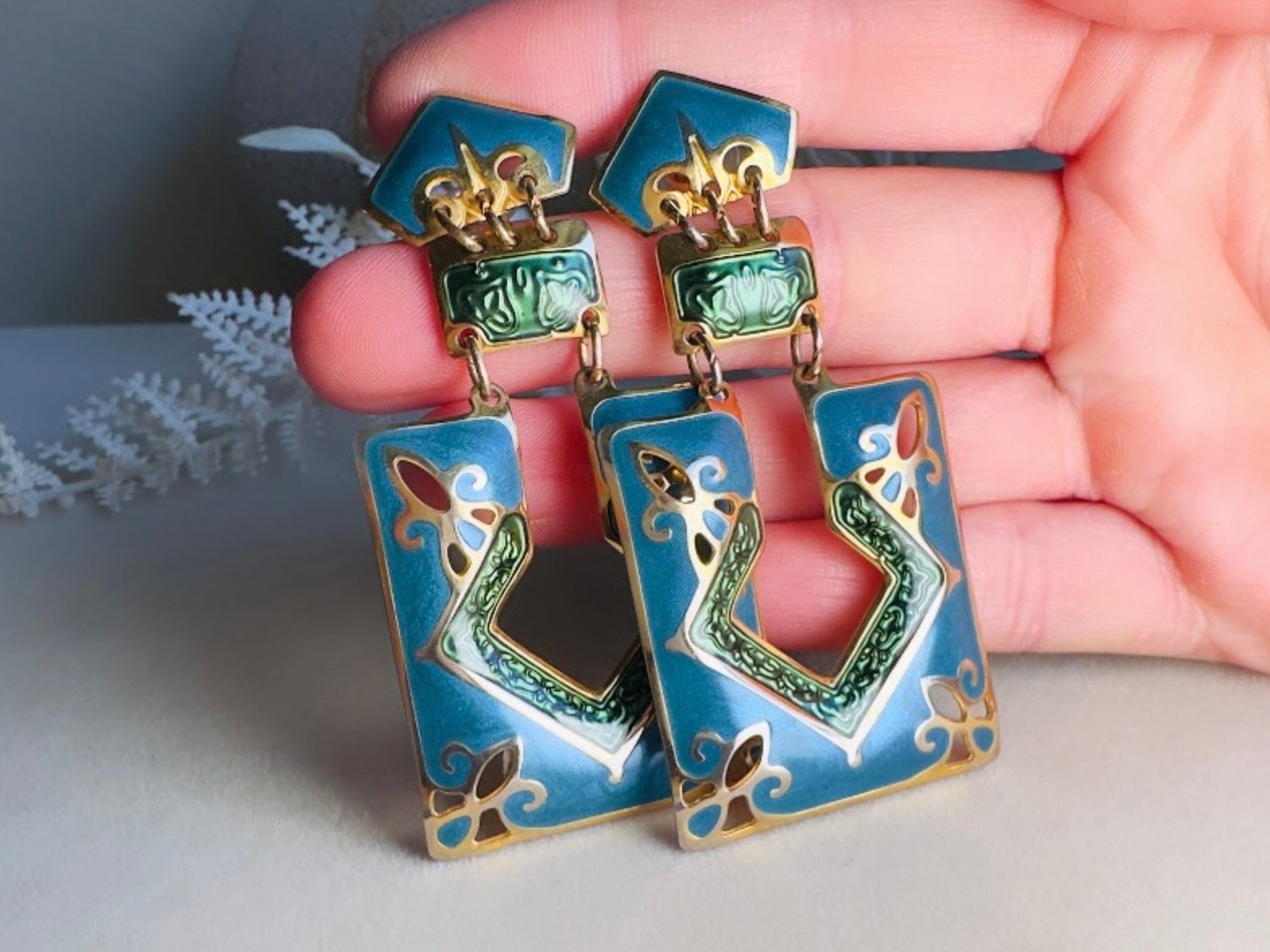 Vintage Berebi Enamel Statement Earrings, 80s Funky Abstract Articulated Geometric Earrings in Blue, Green and Gold
