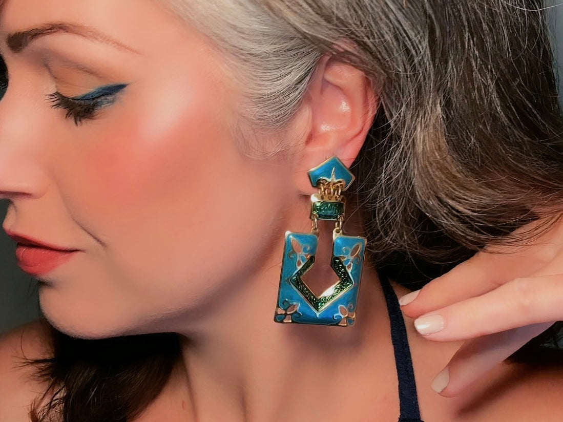 Vintage Berebi Enamel Statement Earrings, 80s Funky Abstract Articulated Geometric Earrings in Blue, Green and Gold