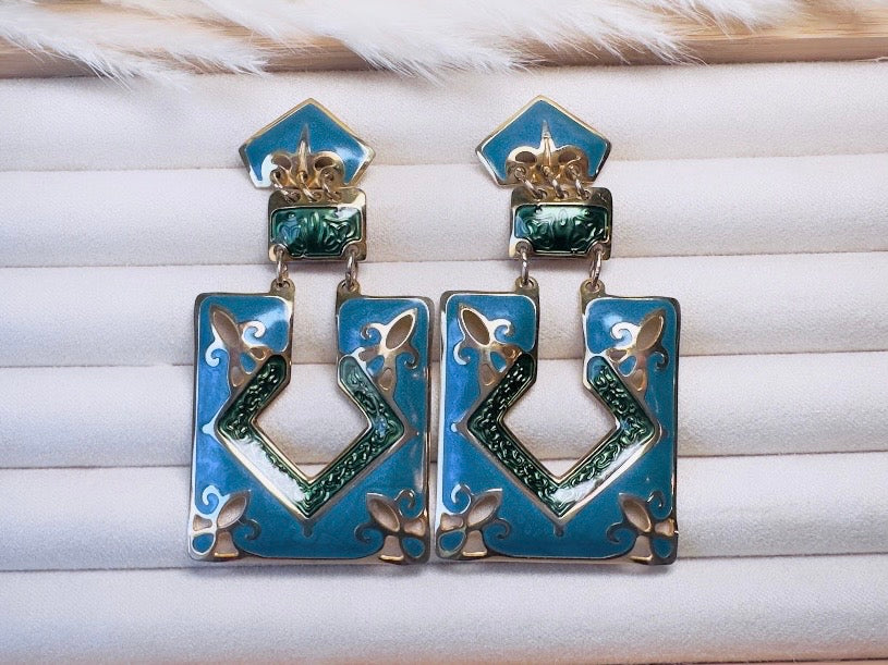 Vintage Berebi Enamel Statement Earrings, 80s Funky Abstract Articulated Geometric Earrings in Blue, Green and Gold