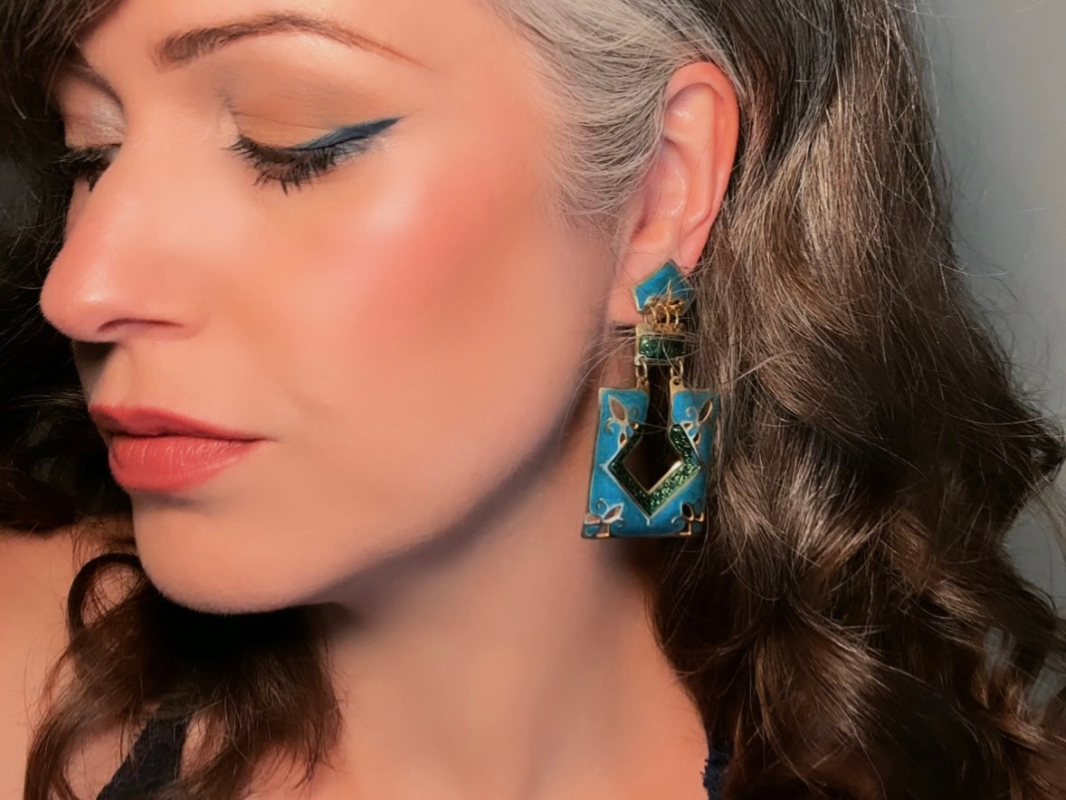 Vintage Berebi Enamel Statement Earrings, 80s Funky Abstract Articulated Geometric Earrings in Blue, Green and Gold