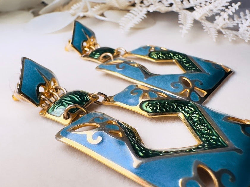 Vintage Berebi Enamel Statement Earrings, 80s Funky Abstract Articulated Geometric Earrings in Blue, Green and Gold