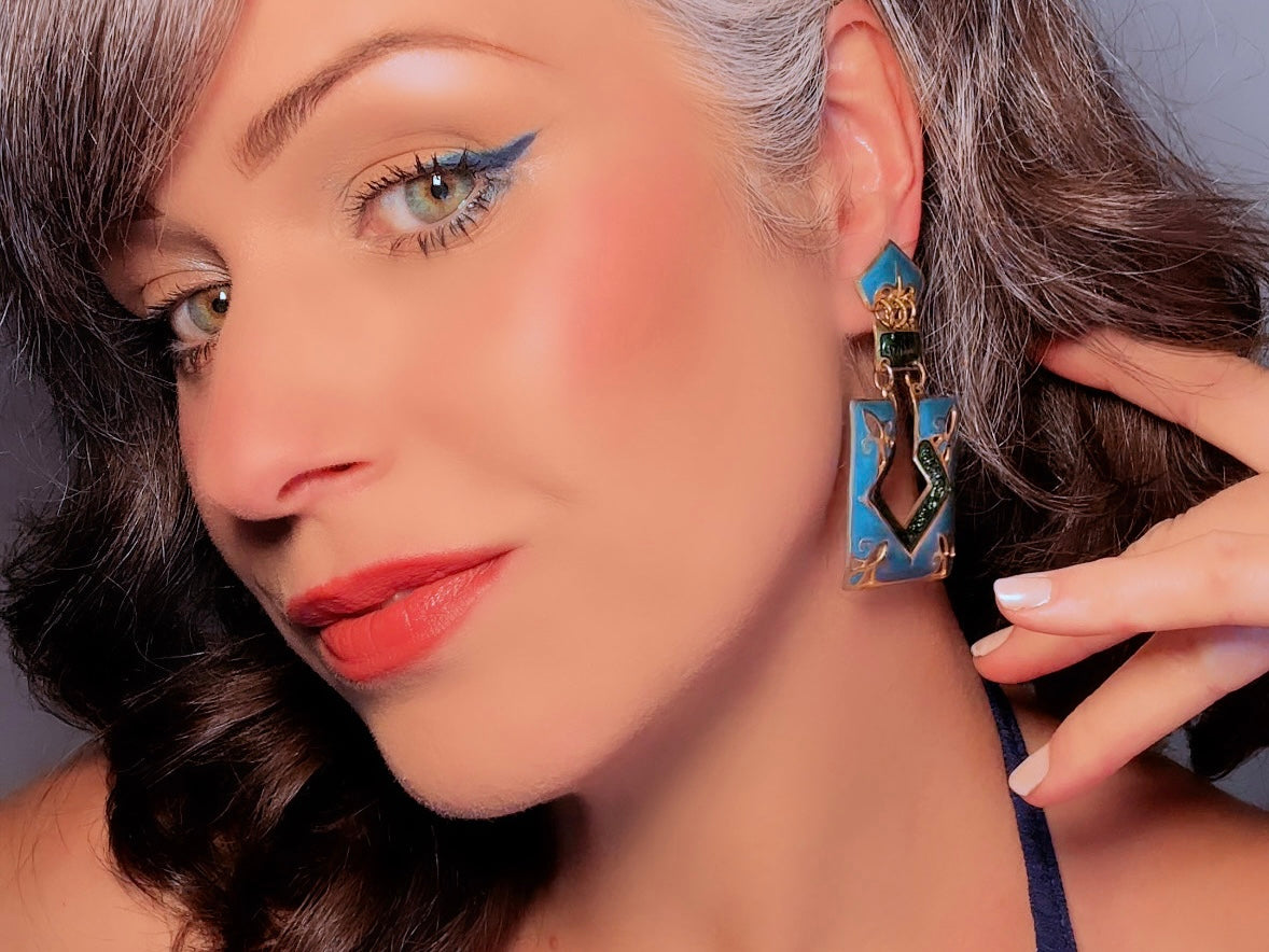 Vintage Berebi Enamel Statement Earrings, 80s Funky Abstract Articulated Geometric Earrings in Blue, Green and Gold