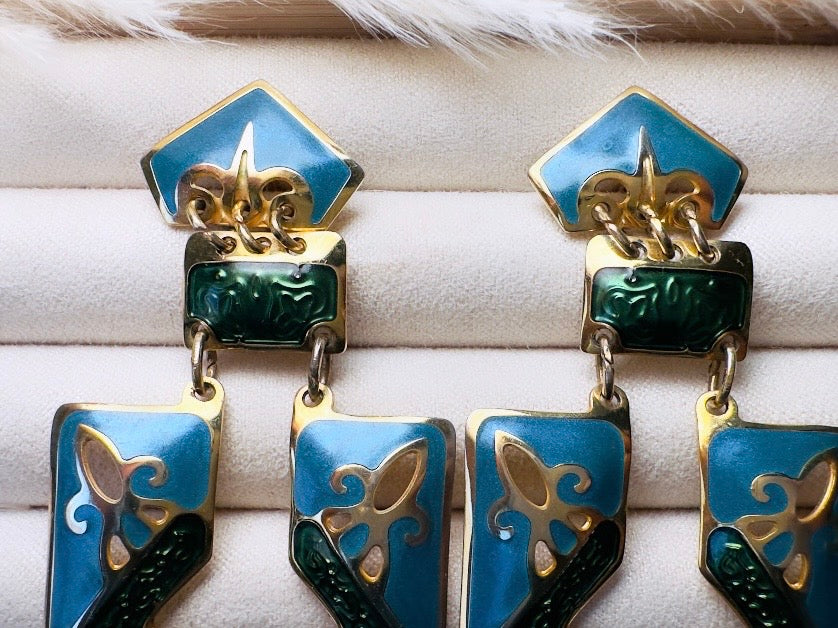 Vintage Berebi Enamel Statement Earrings, 80s Funky Abstract Articulated Geometric Earrings in Blue, Green and Gold