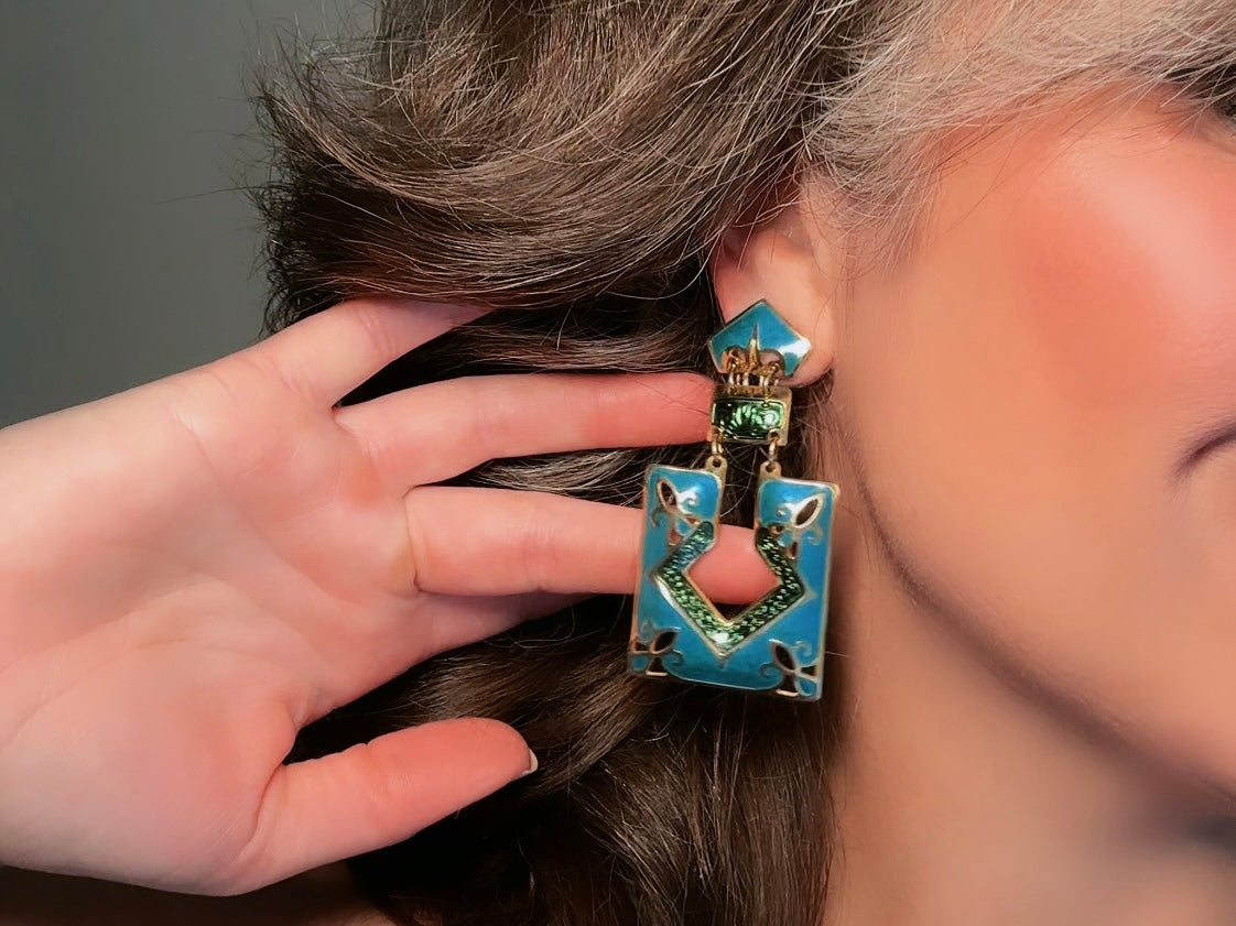 Vintage Berebi Enamel Statement Earrings, 80s Funky Abstract Articulated Geometric Earrings in Blue, Green and Gold