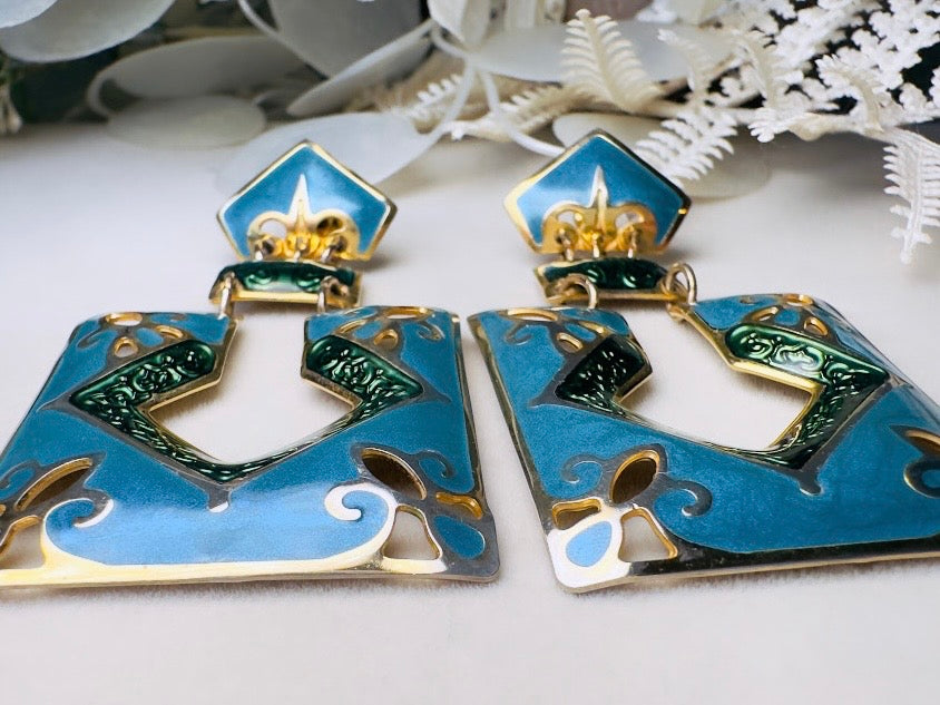 Vintage Berebi Enamel Statement Earrings, 80s Funky Abstract Articulated Geometric Earrings in Blue, Green and Gold