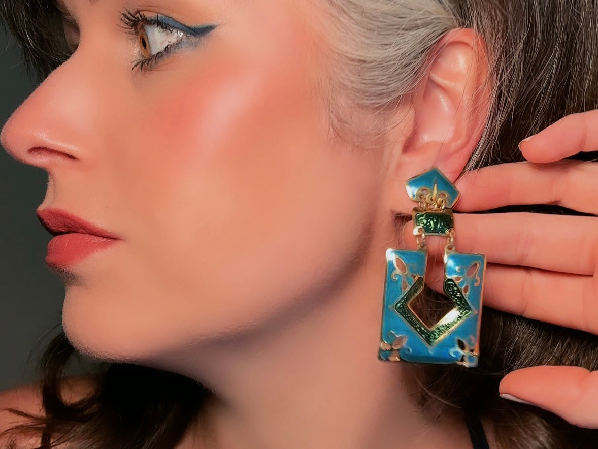 Vintage Berebi Enamel Statement Earrings, 80s Funky Abstract Articulated Geometric Earrings in Blue, Green and Gold