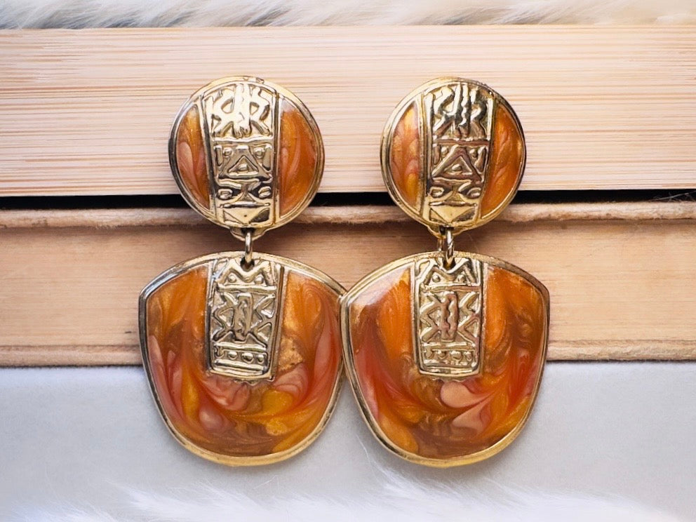 Vintage Berebi Statement Earrings, Rare Gold Tortoiseshell and Copper Enamel Earrings with Geometric Accents
