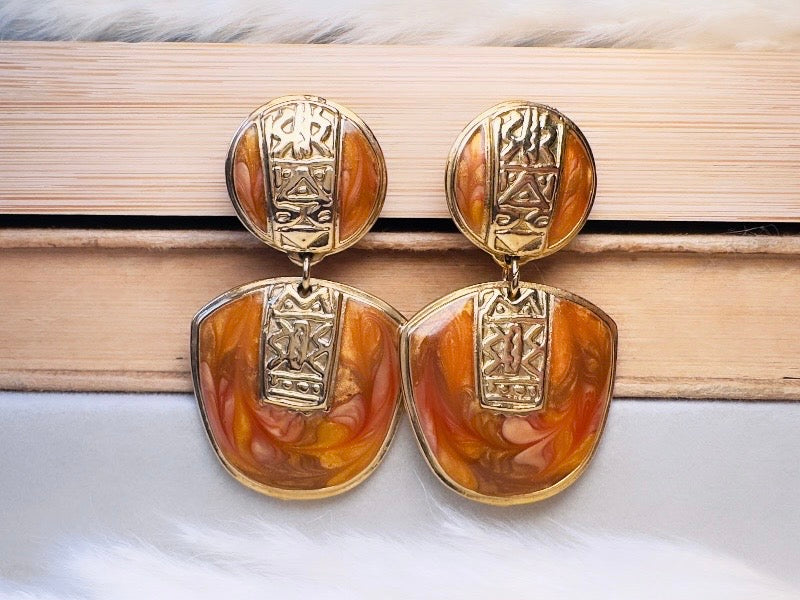 Vintage Berebi Statement Earrings, Rare Gold Tortoiseshell and Copper Enamel Earrings with Geometric Accents