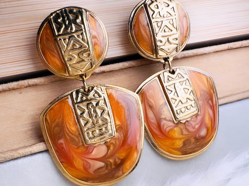 Vintage Berebi Statement Earrings, Rare Gold Tortoiseshell and Copper Enamel Earrings with Geometric Accents
