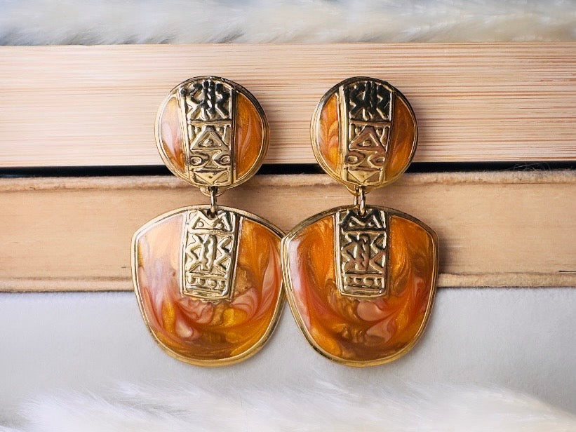 Vintage Berebi Statement Earrings, Rare Gold Tortoiseshell and Copper Enamel Earrings with Geometric Accents