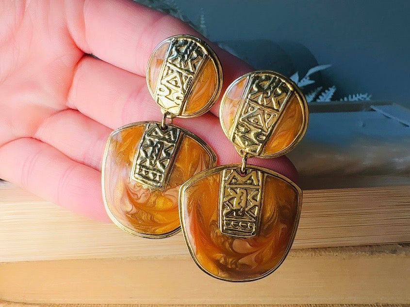 Vintage Berebi Statement Earrings, Rare Gold Tortoiseshell and Copper Enamel Earrings with Geometric Accents