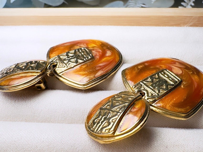 Vintage Berebi Statement Earrings, Rare Gold Tortoiseshell and Copper Enamel Earrings with Geometric Accents