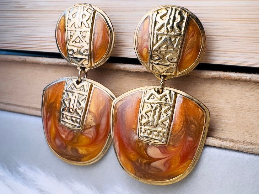 Vintage Berebi Statement Earrings, Rare Gold Tortoiseshell and Copper Enamel Earrings with Geometric Accents