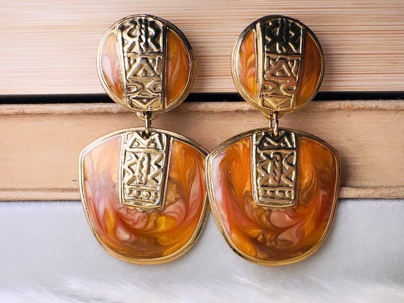Vintage Berebi Statement Earrings, Rare Gold Tortoiseshell and Copper Enamel Earrings with Geometric Accents