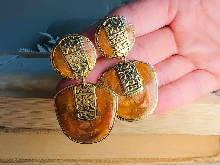 Vintage Berebi Statement Earrings, Rare Gold Tortoiseshell and Copper Enamel Earrings with Geometric Accents
