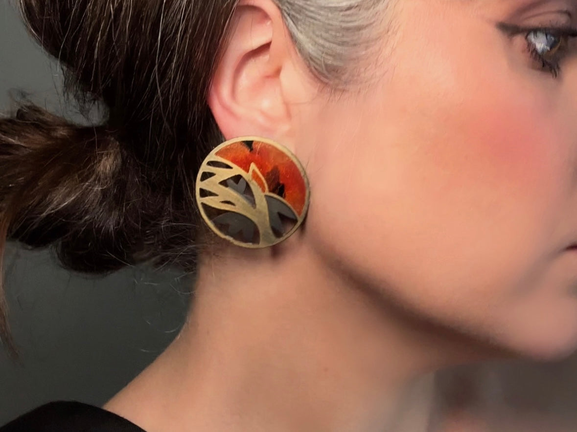 Vintage Berebi Tree of Life Earrings in Bronze Amber and Matte Black, 1980s Pierced Designer Earrings modelled by Bethan Jayne