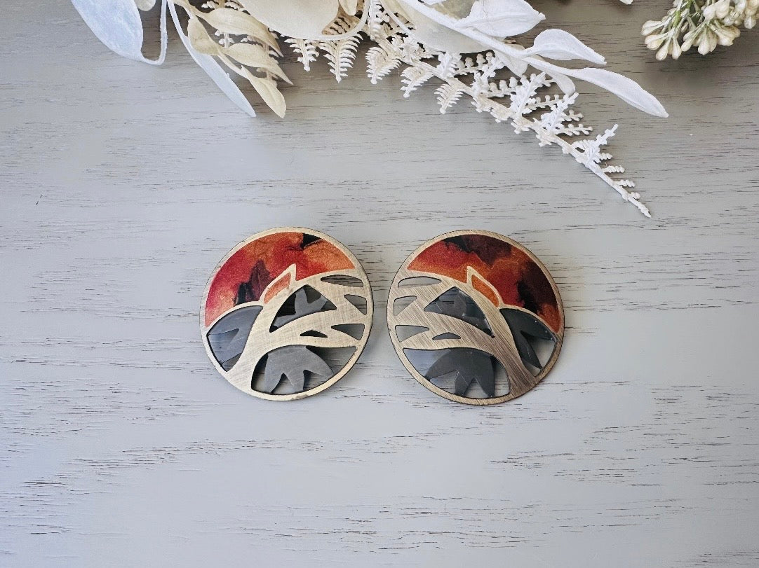 Oversized Vintage Berebi Tree of Life Earrings in Bronze Amber and Matte Black, 1980s Pierced Designer Earrings