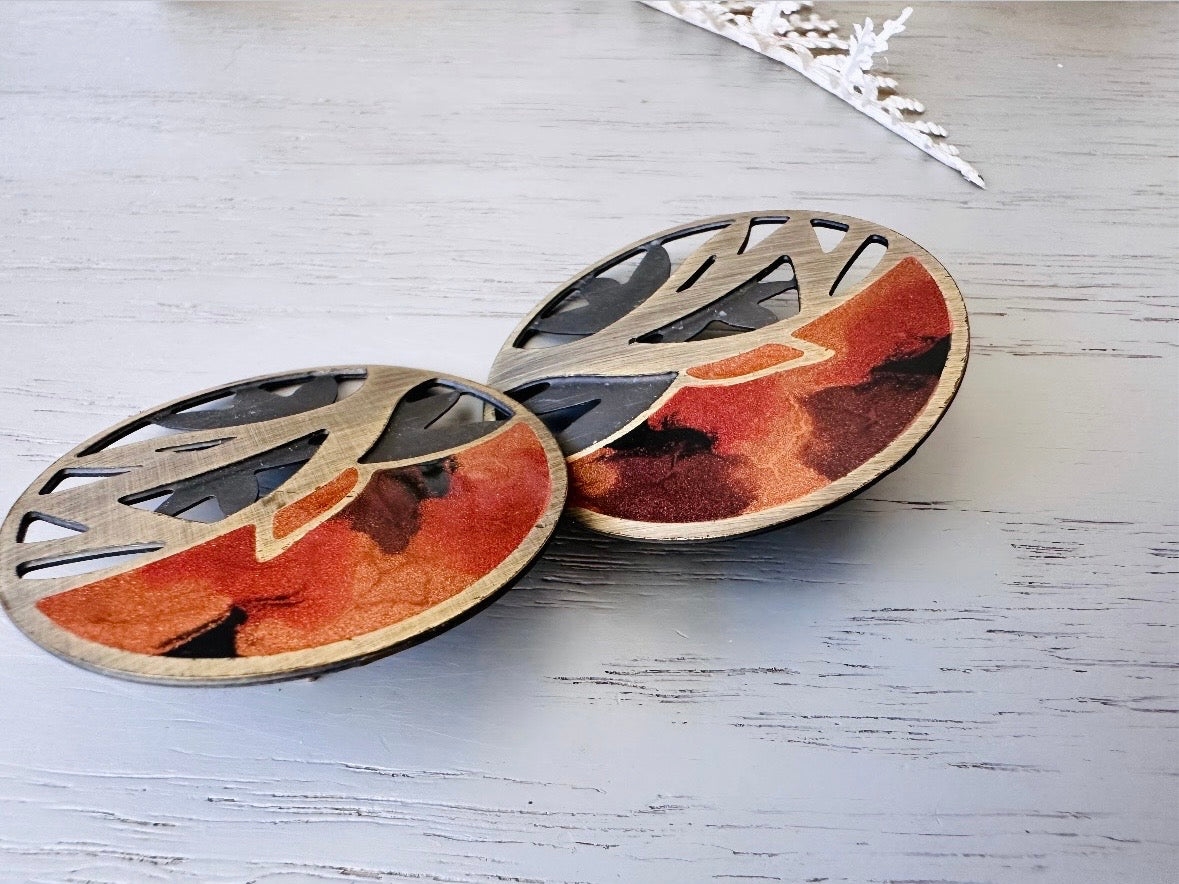 Close up of Vintage Berebi Tree of Life Earrings in Bronze Amber and Matte Black, 1980s Pierced Designer Earrings