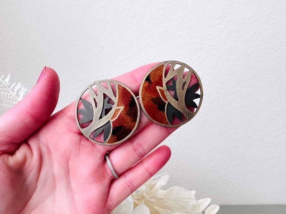 Vintage Berebi Tree of Life Earrings in Bronze Amber and Matte Black, 1980s Pierced Designer Earrings held in hand