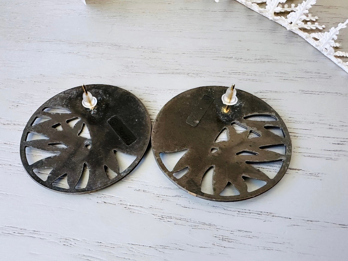Backs of Vintage Berebi Tree of Life Earrings in Bronze Amber and Matte Black, 1980s Pierced Designer Earrings