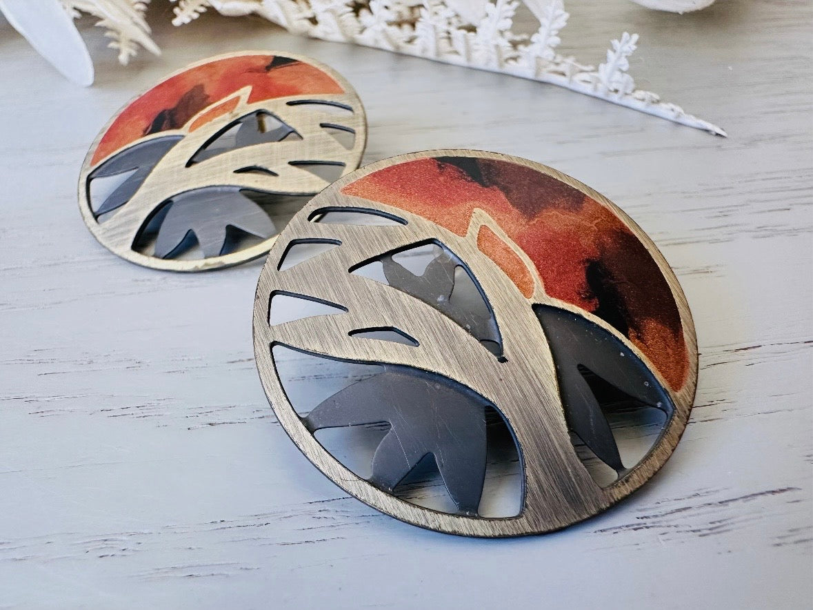 Vintage Berebi Tree of Life Earrings in Bronze Amber and Matte Black, 1980s Pierced Designer Post Earrings close up