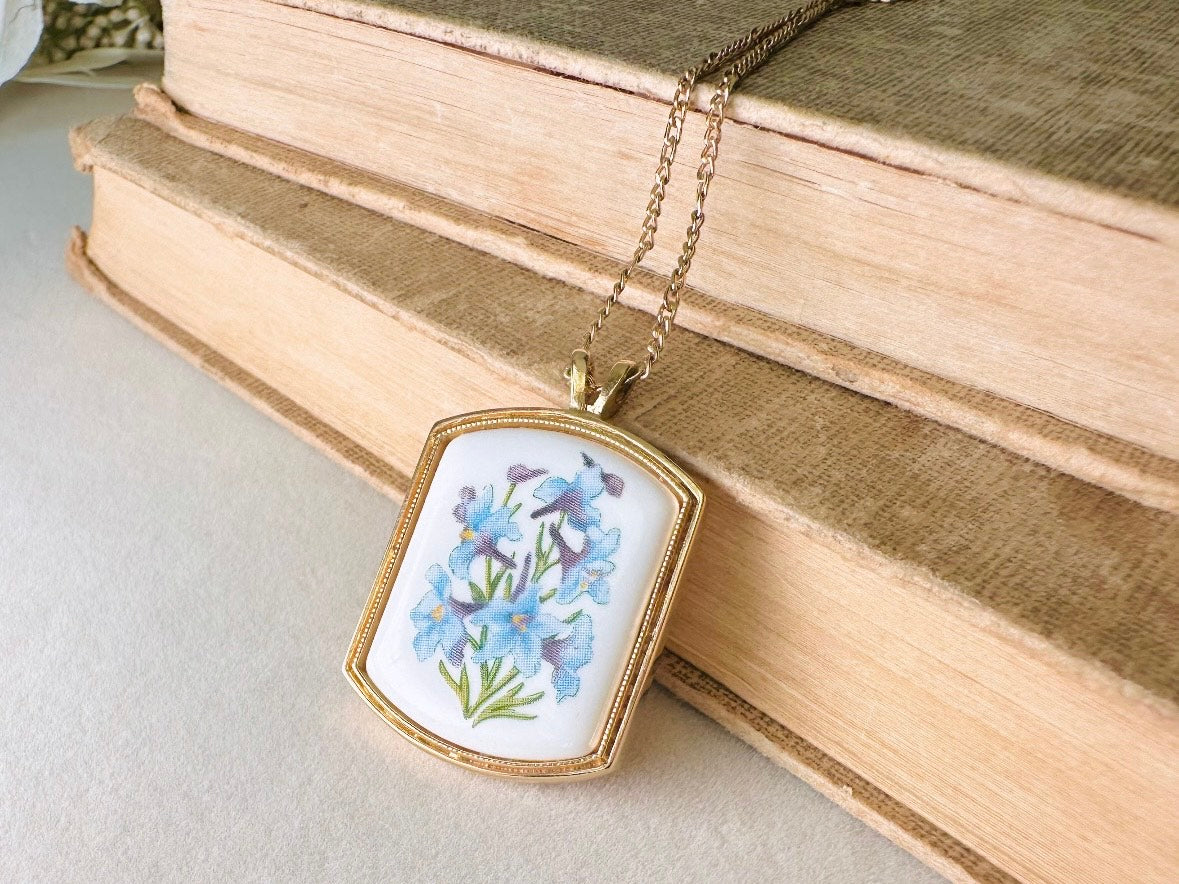 Vintage Birthflower Necklace, Blue Larkspur Flower Pendant Necklace, Vintage Avon Jewelry Floral Porcelain Charm on Dainty Gold Chain