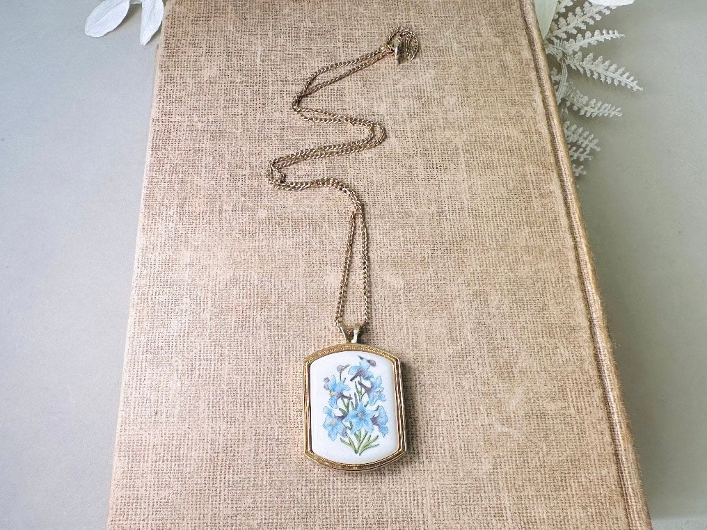 Vintage Birthflower Necklace, Blue Larkspur Flower Pendant Necklace, Vintage Avon Jewelry Floral Porcelain Charm on Dainty Gold Chain