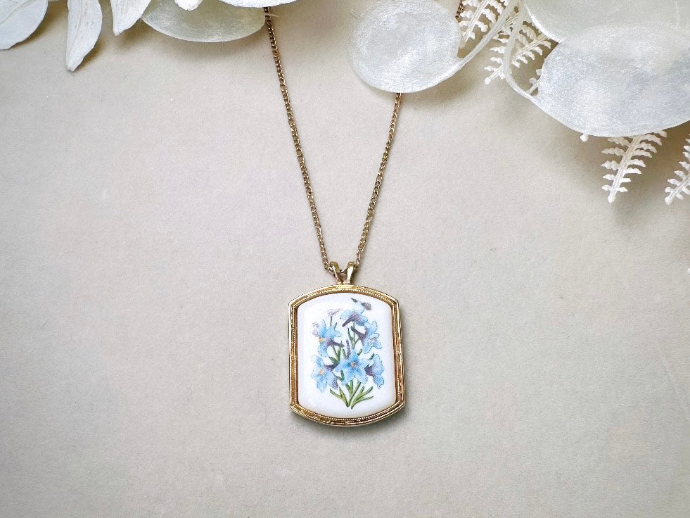 Vintage Birthflower Necklace, Blue Larkspur Flower Pendant Necklace, Vintage Avon Jewelry Floral Porcelain Charm on Dainty Gold Chain