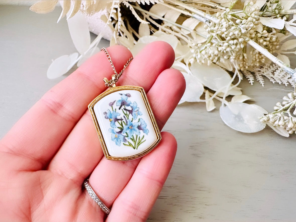 Vintage Birthflower Necklace, Blue Larkspur Flower Pendant Necklace, Vintage Avon Jewelry Floral Porcelain Charm on Dainty Gold Chain