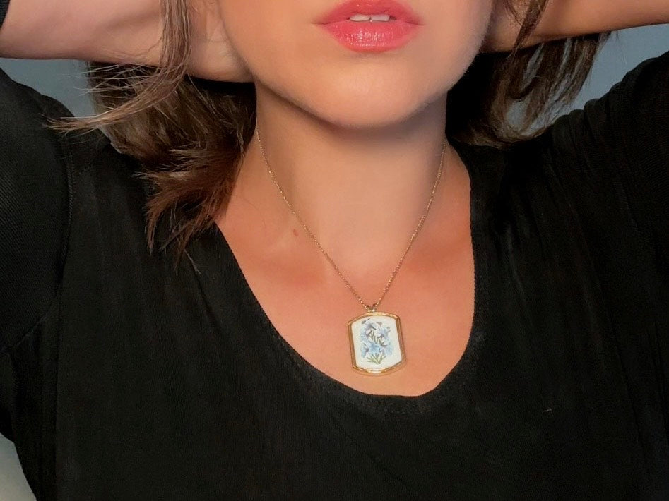 Vintage Birthflower Necklace, Blue Larkspur Flower Pendant Necklace, Vintage Avon Jewelry Floral Porcelain Charm on Dainty Gold Chain