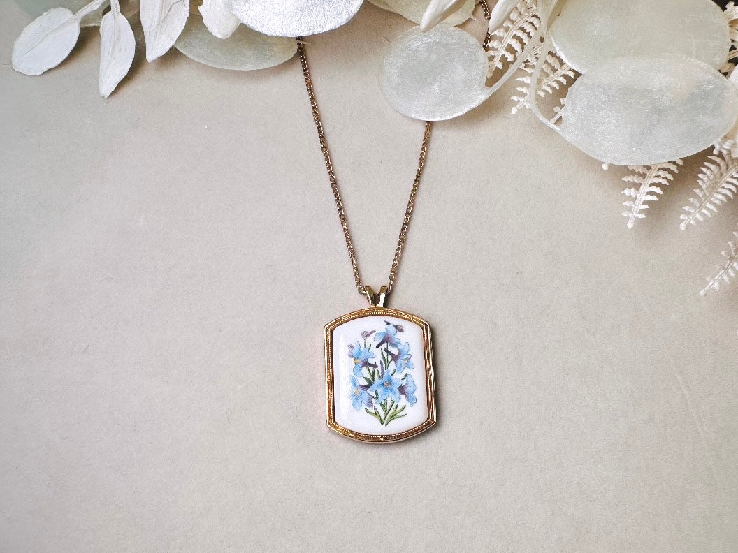 Vintage Birthflower Necklace, Blue Larkspur Flower Pendant Necklace, Vintage Avon Jewelry Floral Porcelain Charm on Dainty Gold Chain