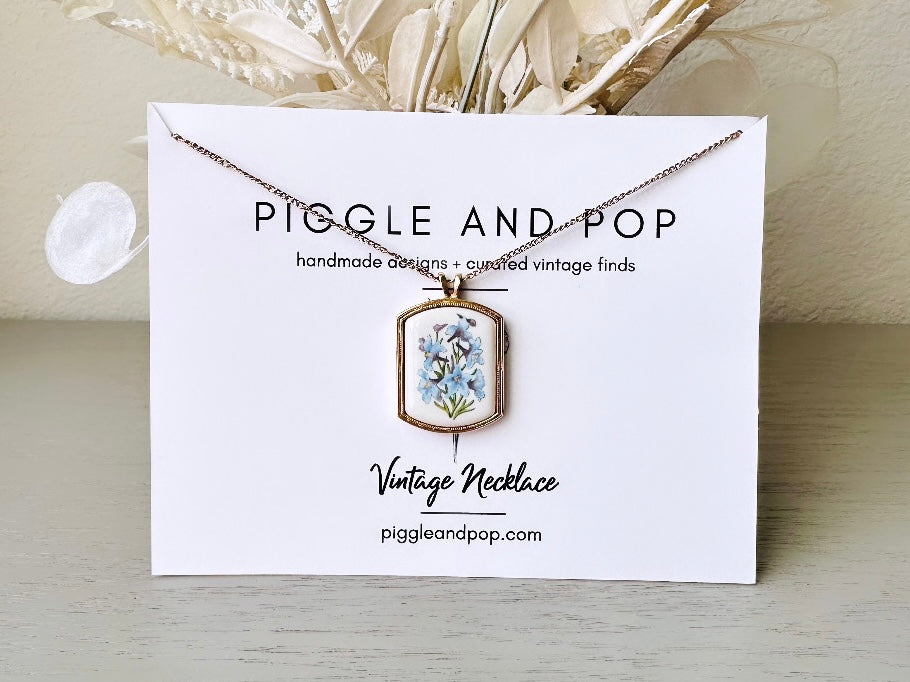 Vintage Birthflower Necklace, Blue Larkspur Flower Pendant Necklace, Vintage Avon Jewelry Floral Porcelain Charm on Dainty Gold Chain