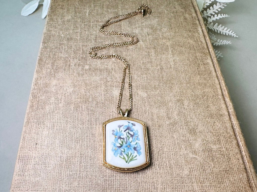 Vintage Birthflower Necklace, Blue Larkspur Flower Pendant Necklace, Vintage Avon Jewelry Floral Porcelain Charm on Dainty Gold Chain