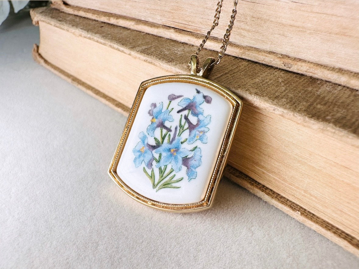 Vintage Birthflower Necklace, Blue Larkspur Flower Pendant Necklace, Vintage Avon Jewelry Floral Porcelain Charm on Dainty Gold Chain