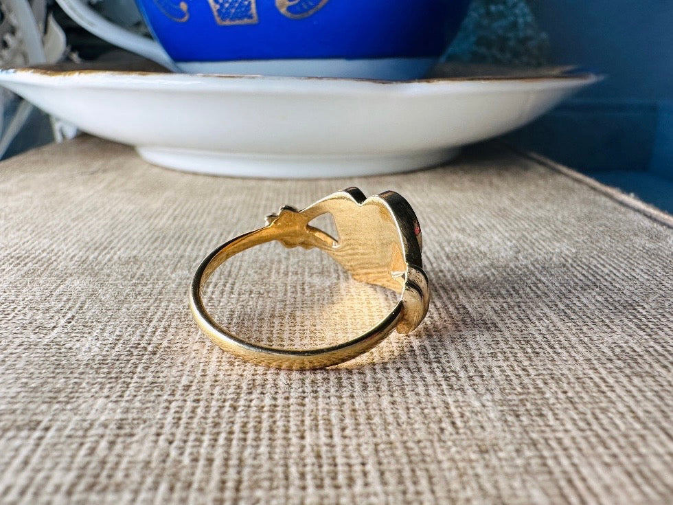 Vintage Black Heart Ring, 1992 Genuine Black Onyx Heart with Diamond Rhinestones, Romantic Gifts, Classic Size 9 Ring, Vintage Avon Jewelry