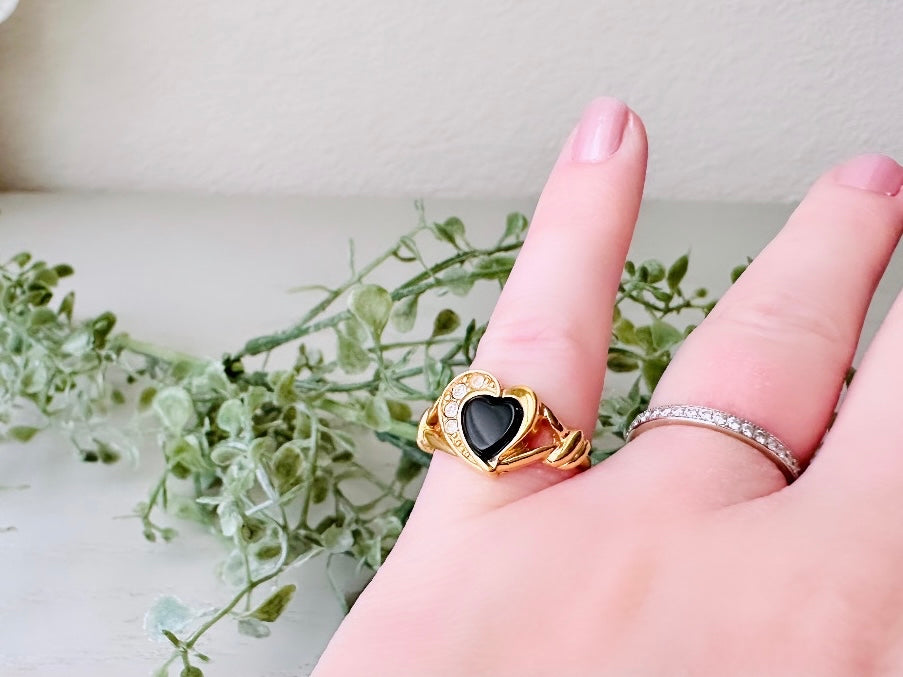Vintage Black Heart Ring, 1992 Genuine Black Onyx Heart with Diamond Rhinestones