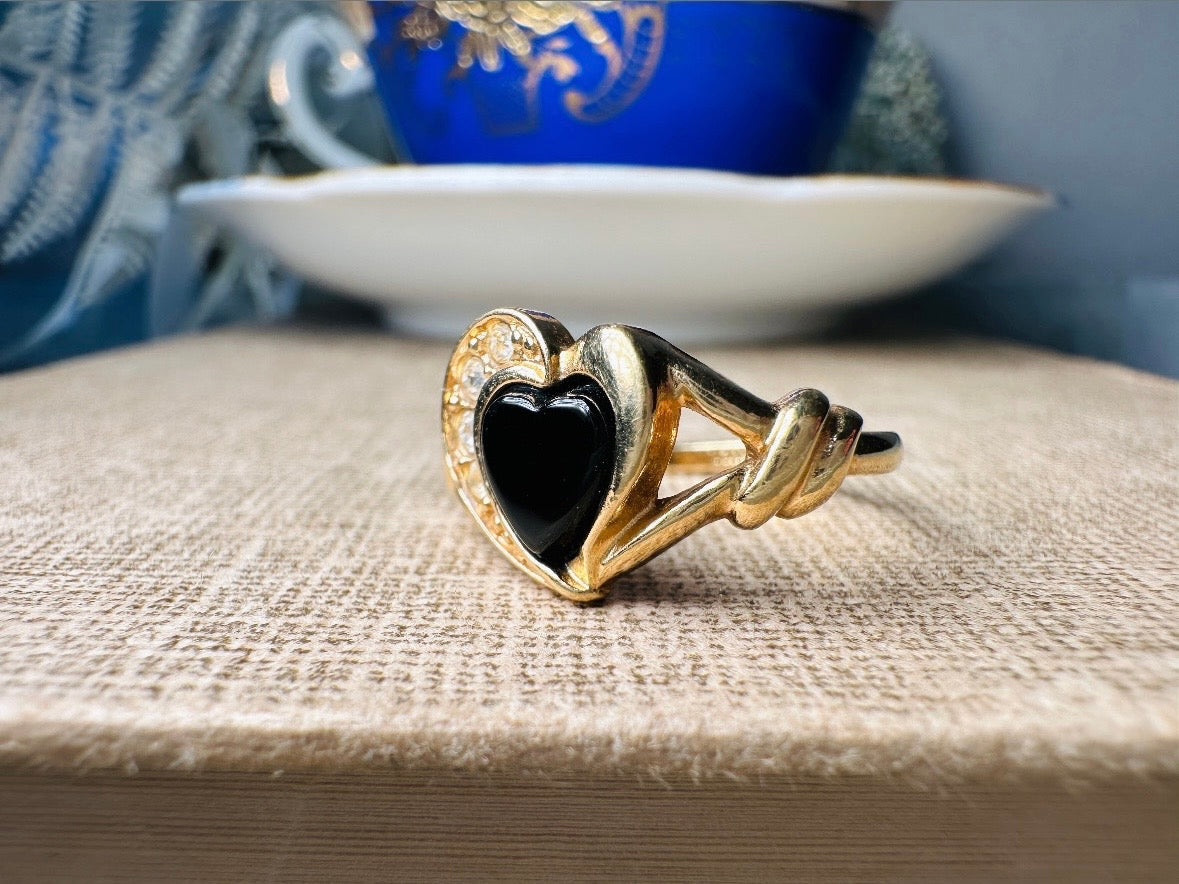 Vintage Black Heart Ring, 1992 Genuine Black Onyx Heart with Diamond Rhinestones, Romantic Gifts, Classic Size 9 Ring, Vintage Avon Jewelry