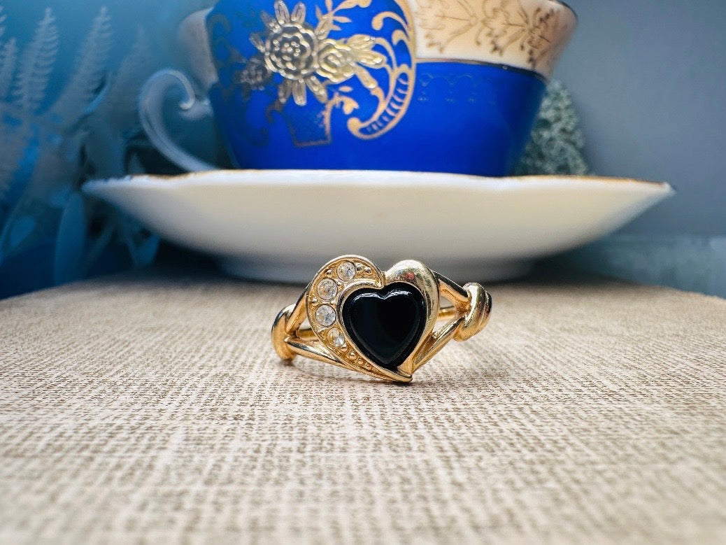 Vintage Black Heart Ring, 1992 Genuine Black Onyx Heart with Diamond Rhinestones, Romantic Gifts, Classic Size 9 Ring, Vintage Avon Jewelry