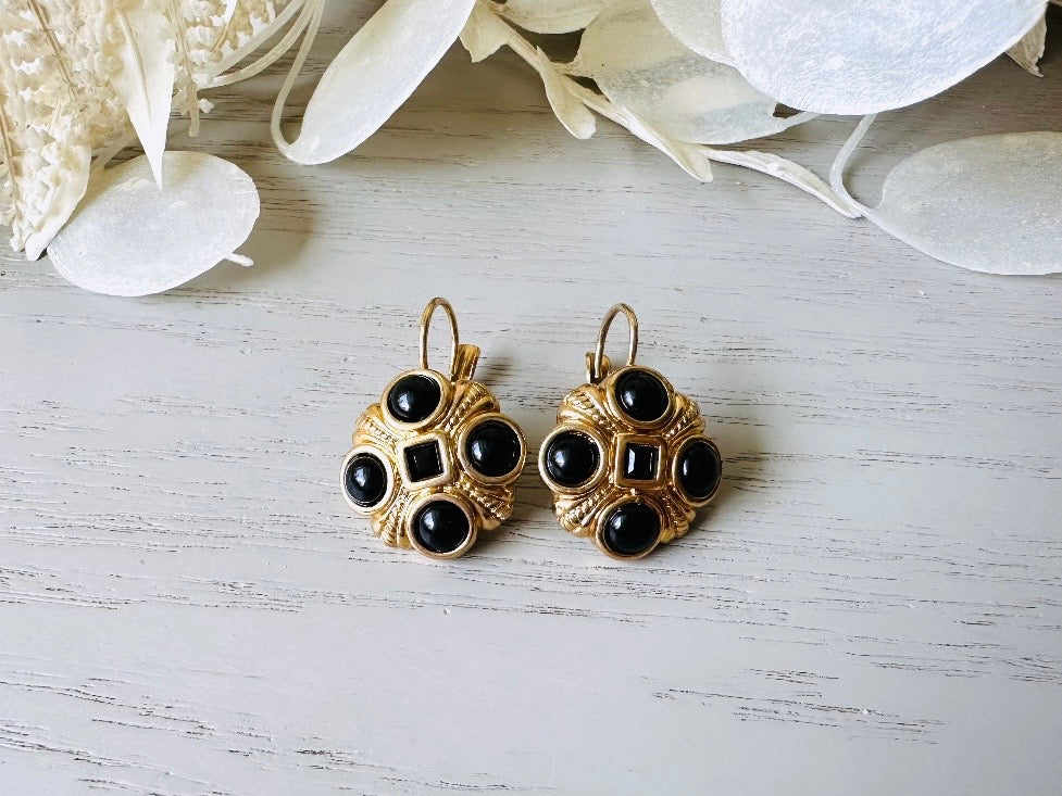 Vintage Black and Gold Etruscan 1980s Mogul Drop Earrings