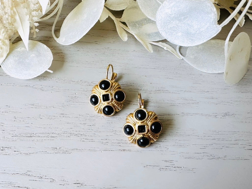 Vintage Black and Gold Etruscan 1980s Mogul Drop Earrings front