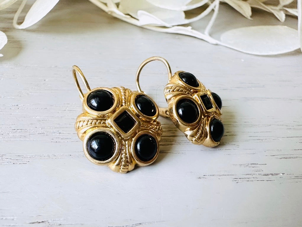 Vintage Black and Gold Etruscan 1980s Mogul Drop Earrings  Pierced Style