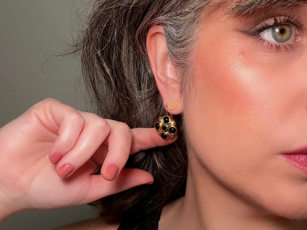 Vintage Black and Gold Etruscan 1980s Mogul Drop Earrings  Pierced Style modelled