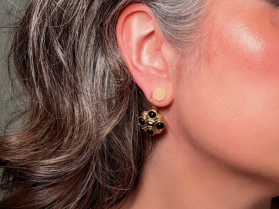 Vintage Black and Gold Etruscan 1980s Mogul Drop Earrings  Pierced Style size reference