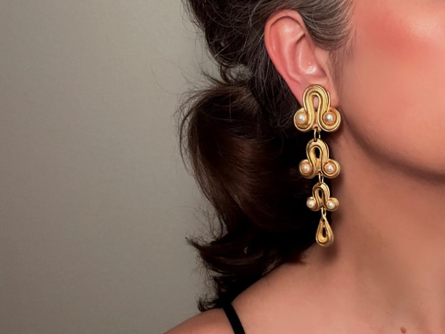 Vintage Blanca Designer Pearl Drop Oversized Matte Gold Clip On Earrings worn by Bethan Jayne 